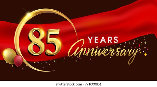 85th anniversary logotype with golden ring isolated on red ribbon elegant background, vector design for birthday celebration, greeting card and invitation card.