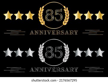 85th anniversary set gold and silver. Celebrating birthday, banner for special date with ring on isolated background.