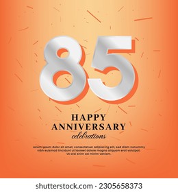 85th anniversary vector template with a white number and confetti spread on an orange background
