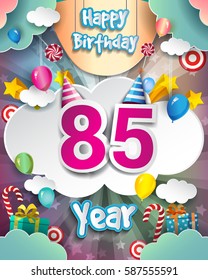 85th Birthday Celebration greeting card Design, with clouds and balloons. Vector elements for the celebration party of eighty five years anniversary
