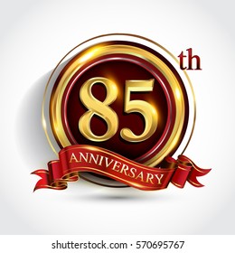 85th golden anniversary logo, eighty five years birthday celebration with ring and red ribbon isolated on white background