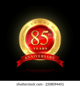 85th golden anniversary logo, with shiny ring and red ribbon, Laurel wrath isolated on black background, vector design