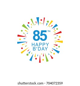 85th Happy Birthday logo, circle shape, colorful sunburst, red blue green yellow color