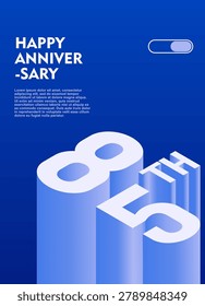 85th Modern anniversary poster template featuring a bold 3d isometric number on a vibrant blue background.