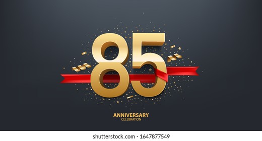 85th Year anniversary celebration background. 3D Golden number wrapped with red ribbon and confetti on black background.