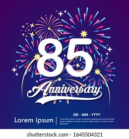 85th years anniversary celebration emblem. white anniversary logo isolated with colorful fireworks background. vector illustration template design for web, flyers, poster, greeting & invitation card