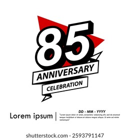85th years anniversary celebration emblem. black anniversary logo isolated with ribbon and red triangle on white background. vector illustration template design for web, flyers, poster, greeting card