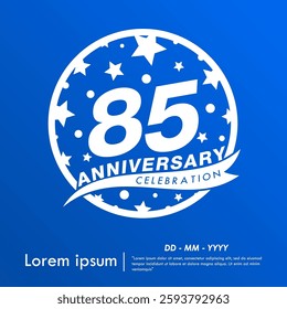 85th years anniversary celebration emblem. white anniversary logo isolated with ribbon and stars ball on blue background. vector illustration template design for web, flyers, poster, greeting card