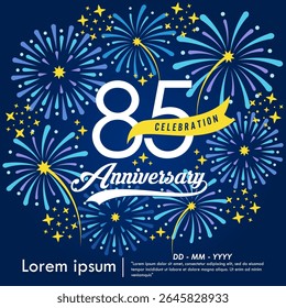 85th years anniversary celebration emblem. congratulations anniversary logo isolated with yellow ribbon and fireworks sparkle on blue background. vector illustration template design for web banner