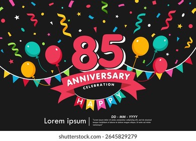 85th years anniversary celebration emblem. congratulations anniversary logo isolated with colorful confetti, bunting flag, balloons and ribbon. vector illustration template design for web banner