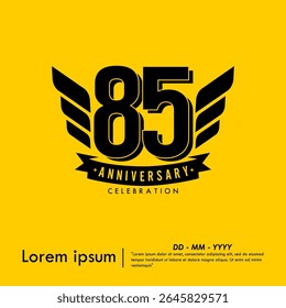 85th years anniversary celebration emblem. congratulations anniversary logo isolated with ribbon and wing on yellow background. vector illustration template design for web, flyers, poster, greeting