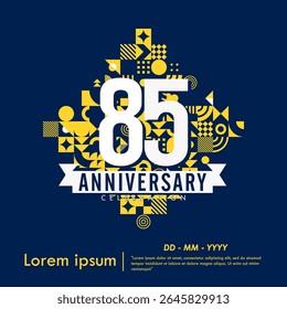 85th years anniversary celebration emblem. congratulations anniversary logo isolated with ribbon and neo geometric on blue background. vector illustration template design for web banner