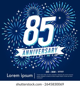 85th years anniversary celebration emblem. congratulations anniversary logo isolated with ribbon and fireworks sparkle on blue background. vector illustration template design for web banner