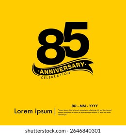 85th years anniversary celebration emblem. black logo isolated with ribbon on yellow background. vector illustration template design for web, flyers, poster, greeting card and invitation card