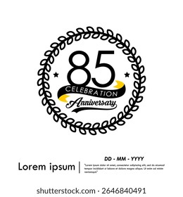 85th years anniversary celebration emblem. congratulation anniversary logo medal isolated with laurel wreath and ribbon on white background. vector illustration template design for web, flyers, poster
