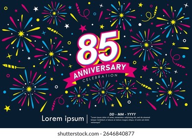 85th years anniversary celebration emblem. congratulations anniversary logo isolated with colorful fireworks and stars sparkle and ribbon. vector illustration template design for web banner