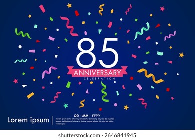 85th years anniversary celebration emblem. congratulations anniversary logo isolated with colorful confetti and stars and ribbons. vector illustration template design for web banner
