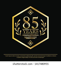 85th years anniversary celebration. anniversary logo with hexagon frame and elegance golden on black background, vector illustration template design for celebration greeting card and invitation card