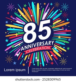 logotipo de celebração do aniversário de 85 anos isolado com fita, estrelas e fogos de artifício cintilação. design de modelo de ilustração vetorial para web, folhetos, cartaz, cartão de convite ou cartão de saudação