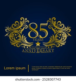 85th years elegant golden anniversary celebration emblem logo with brush-strokes rounded by ornate swirls and flourishes. vector illustration template design for web, flyers, poster, greeting