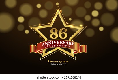 86 Anniversary celebration with golden number and star on luxury brown background.
