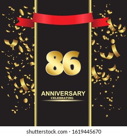 86 anniversary logo with confetti golden colored and red ribbon isolated on black background, vector design for greeting card and invitation card