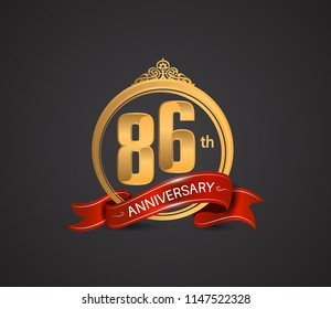 86 anniversary logotype style design luxury  golden color and ornament with warp red ribbon for company celebration event