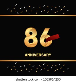 86 gold anniversary celebration design with red ribbon and glitter element, isolated on black background