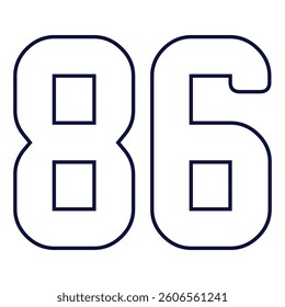86 number classic american, college style font. Uniform letter in black with a black outside contour line. Vintage sport font.For jersey, t-shirt, basketball, baseball, football. Isolated vector