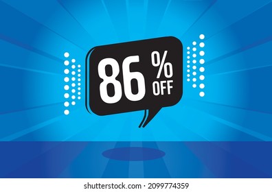 86% off. Blue banner with eighty six percent discount on a black balloon for mega big sales.