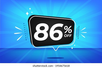 86% off. Blue banner with eighty-six percent discount on a black balloon for mega big sales.
