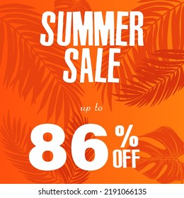 86% de descuento. Una brillante ilustración vectorial de un anuncio de venta de verano con una fuente fantástica y un hermoso fondo naranja con hojas tropicales.