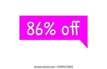 86% de descuento. Etiqueta de descuento magenta y texto blanco. Promociones de marketing, ventas minoristas. Etiqueta de oferta simple. Ochenta y seis por ciento de descuento.