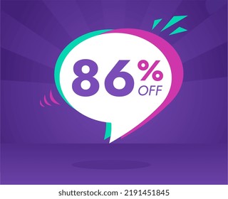 86% off limited special offer. Banner with eighty six percent off white circular balloon with purple background