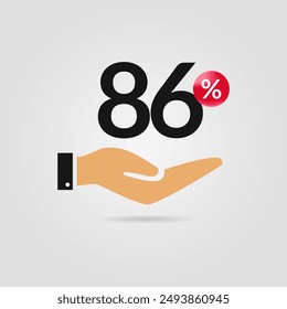 86% de descuento en promoción. Ochenta y seis por ciento de descuento con icono de mano. Símbolo de venta. Descuento en composición creativa. Ilustración vectorial.