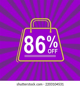 86% off. Purple, white and yellow banner with eighty six percent discount. Shopping bag concept.