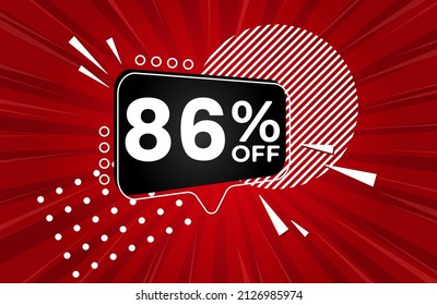 86% off. Red banner with 86 percent discount on a black balloon for mega big sales. 86% sale