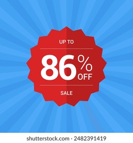 Up to 86% off sale promotion. Eighty six percent sale tag symbol. Promotion flat vector badge graphic. Red Sticker emblem. Modern design on blue background.