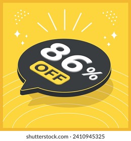 86 por ciento de descuento. Globo flotante 3D con promoción de ventas en fondo amarillo