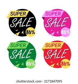 86% de descuento (oferta) venta, Super descuento, con diseño en negro, rosa, verde y rojo. ilustración vectorial