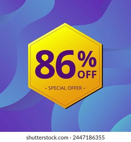 86% Sale and Discount Label. Eighty six percent Sale Discount label Geometric design. Abstract Blue and Yellow Hexagon. Vector illustration.