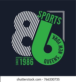 86 Sports, Queens, New York typographic illustration.