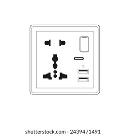86 Type 2 Way Multi Wall Switch Socket with 2 USB Port Socket and Indicator light, Outline style Vector illustration
