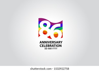 86 year anniversary celebration logotype with white number Emboss Style isolated on LGBT Colorful Flag on white grey background  - vector