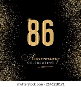 Ilustración de diseño de plantillas de vectores de celebración de 86 años. Signo de aniversario de oro de 86 años. Celebración del brillo de oro. Símbolo claro y luminoso para el evento, la invitación, el premio, la ceremonia, el saludo.