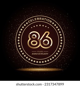 86 year anniversary logo design with double line numbers in gold color, vector template