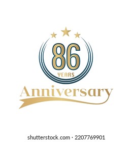 Ilustración de diseño de plantillas vectoriales de 86 años. Diseño de color dorado y azul con cinta
