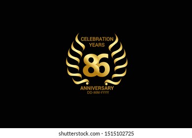 86 year minimalist logo years, jubilee, greeting card. Birthday invitation. Sign wings Line Gold space vector illustration on black background - Vector