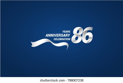 86 Years Anniversary celebration logotype white colored, using ribbon and isolated on blue background