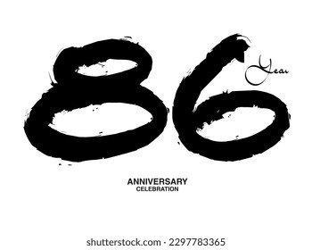Plantilla vectora de celebración de 86 años, diseño de logotipo de número 86, cumpleaños 86, números de letras negras pincel dibujo dibujo a mano, número negro, ilustración vectorial de aniversario